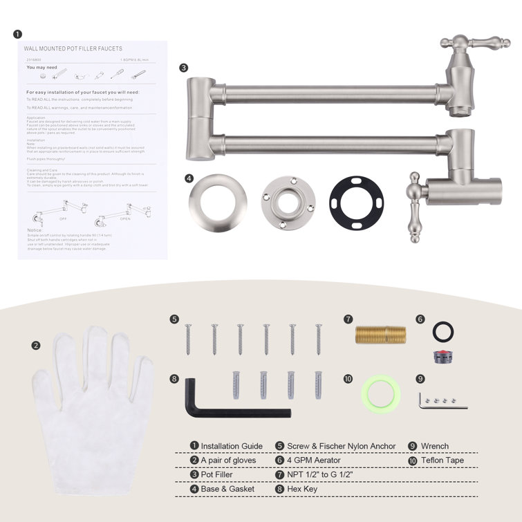 Brushed Nickel Wall Mounted Double Handle Pot Filler Faucet