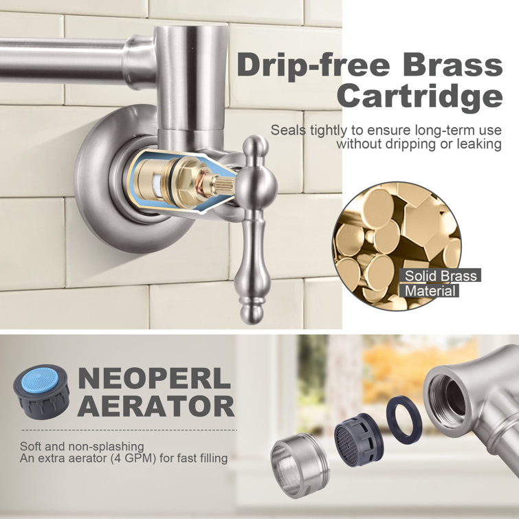 Brushed Nickel Wall Mounted Double Handle Pot Filler Faucet