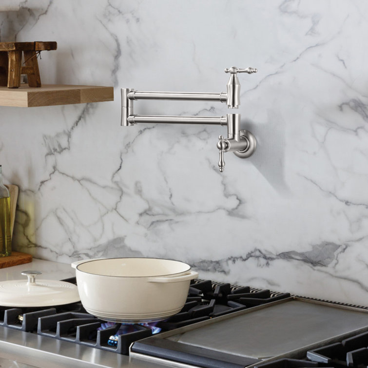Brushed Nickel Wall Mounted Double Handle Pot Filler Faucet