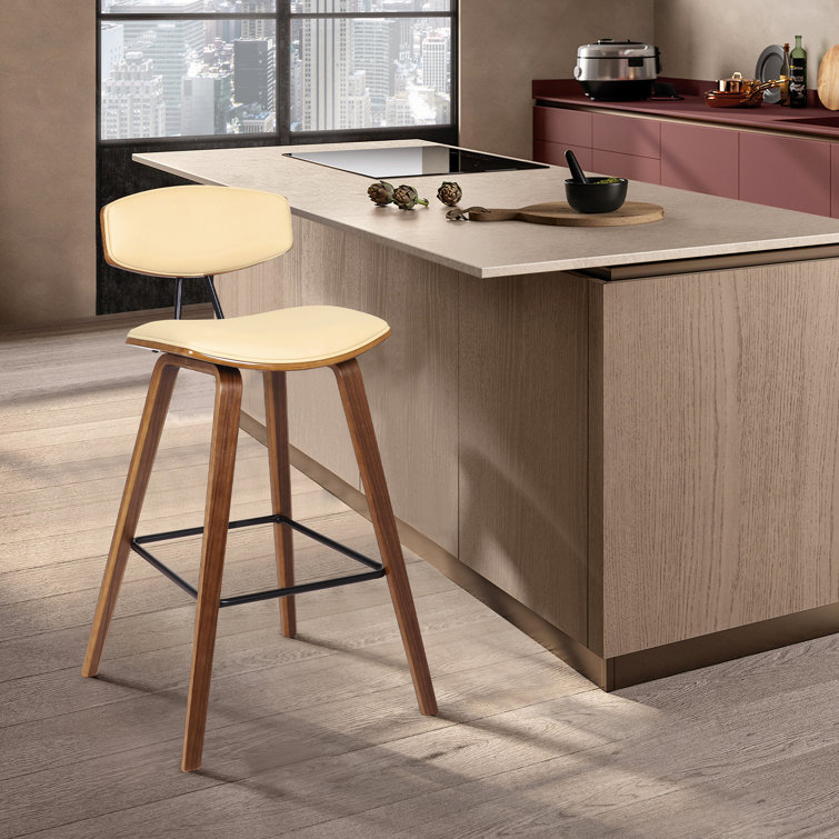 Contemporary Cream Faux Leather & Walnut Wood Counter Stool
