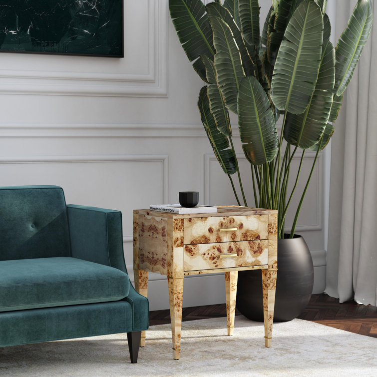 Kai Natural Burl Wood 2-Drawer End Table with Gold Accents