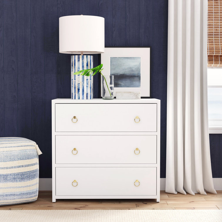 Elin Glam White 3-Drawer Dresser with Gold Metallic Hardware