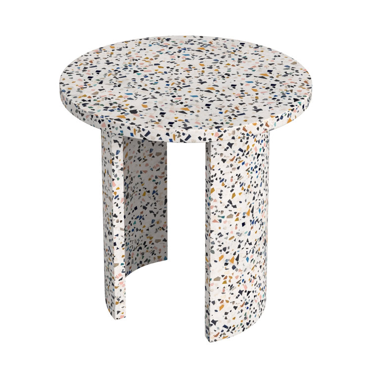 White Terrazzo Round Outdoor Side Table with Crescent Legs
