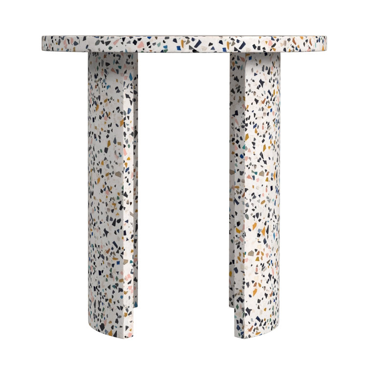 White Terrazzo Round Outdoor Side Table with Crescent Legs