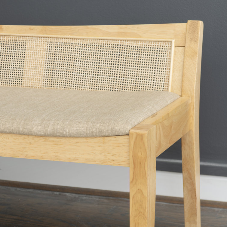 Elegant Natural Wood and Beige Linen Storage Bench with Rattan Back