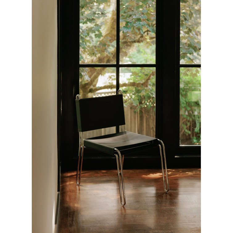 Black Top Grain Leather and Steel Side Chair