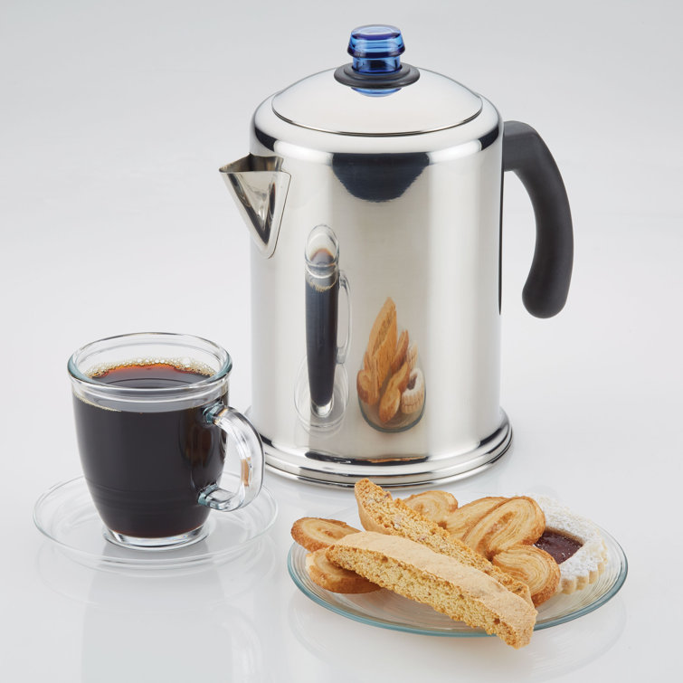 Classic Stainless Steel 12-Cup Coffee Percolator with Blue Glass Knob