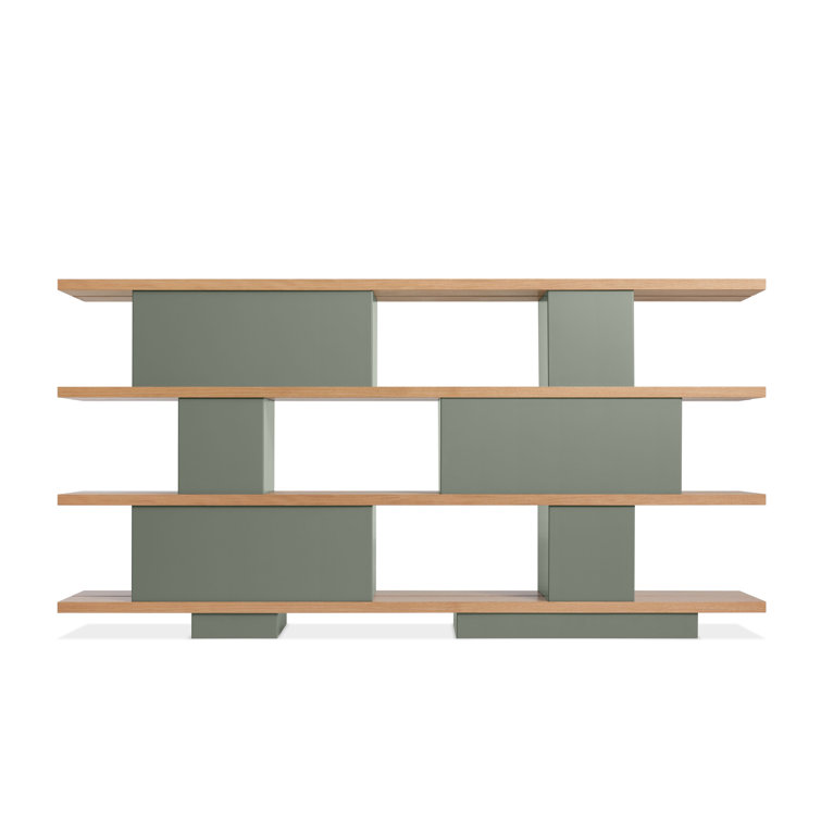 Asymmetrical White Oak and Grey Green Geometric Bookcase