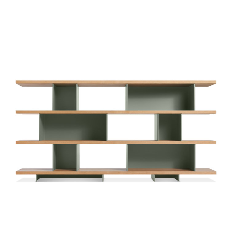 Asymmetrical White Oak and Grey Green Geometric Bookcase