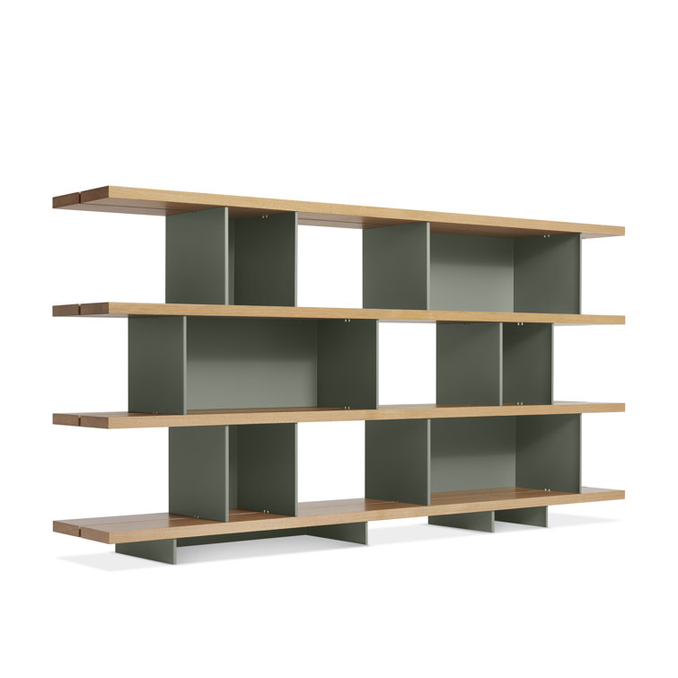 Asymmetrical White Oak and Grey Green Geometric Bookcase