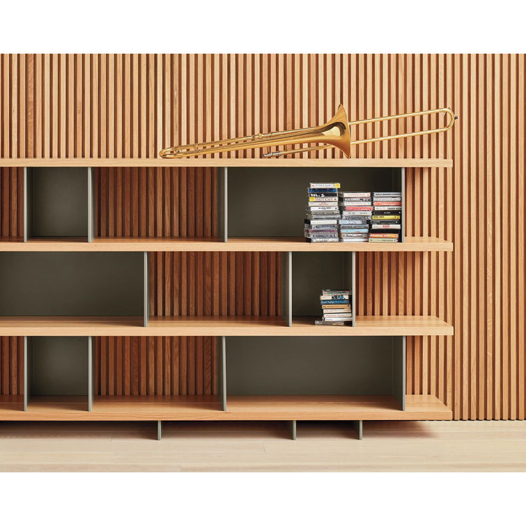 Asymmetrical White Oak and Grey Green Geometric Bookcase