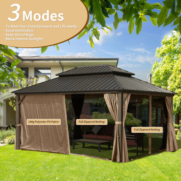 Gray 10' x 12' Aluminum and Steel Patio Gazebo with Curtains