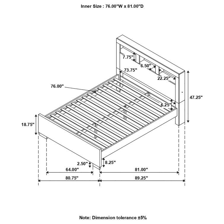 King Espresso Wood Platform Storage Bed with Bookcase Headboard