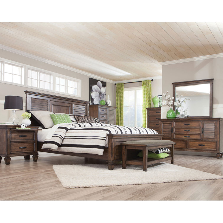 Transitional Pine King Panel Bed with Storage Drawer in Burnished Oak