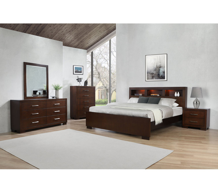 King Espresso Wood Platform Storage Bed with Bookcase Headboard