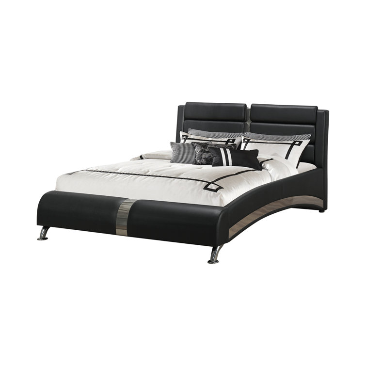 Black Vegan Leather Queen Sleigh Bed with Upholstered Headboard
