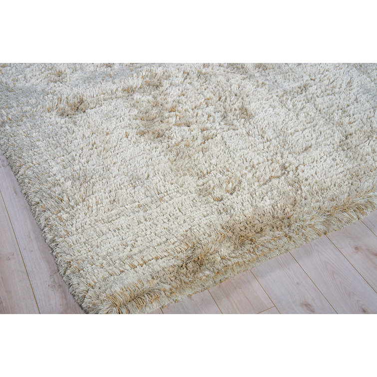 Beige Handmade Rectangular Shag Area Rug in Polyester/Microfiber