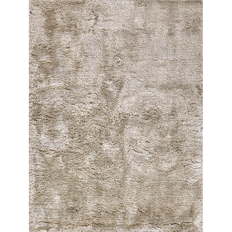 Beige Handmade Rectangular Shag Area Rug in Polyester/Microfiber