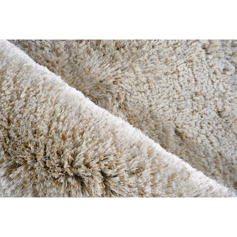 Beige Handmade Rectangular Shag Area Rug in Polyester/Microfiber