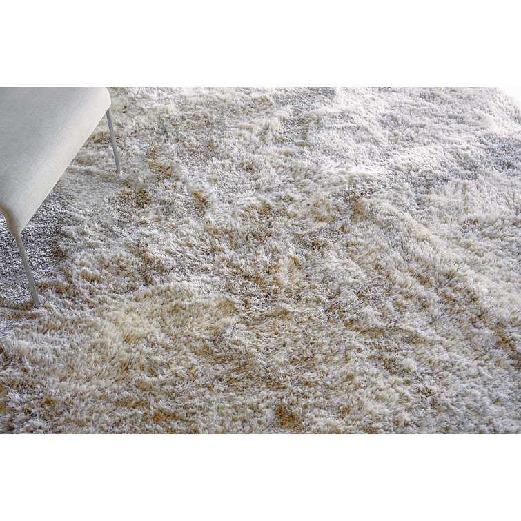 Beige Handmade Rectangular Shag Area Rug in Polyester/Microfiber
