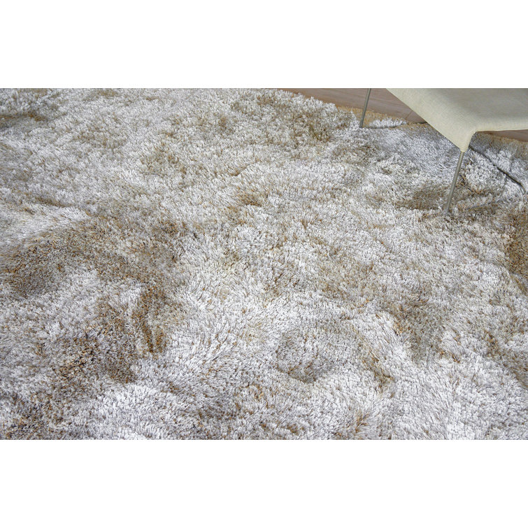 Beige Handmade Rectangular Shag Area Rug in Polyester/Microfiber