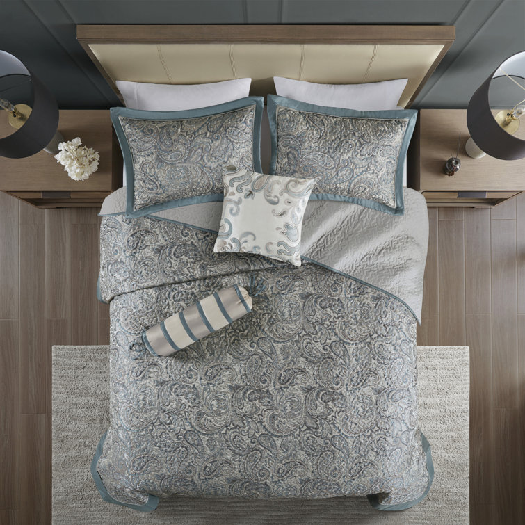 Teal King Reversible Jacquard Bedspread Set with Throw Pillows