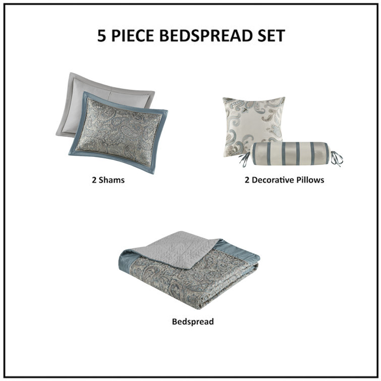 Teal King Reversible Jacquard Bedspread Set with Throw Pillows