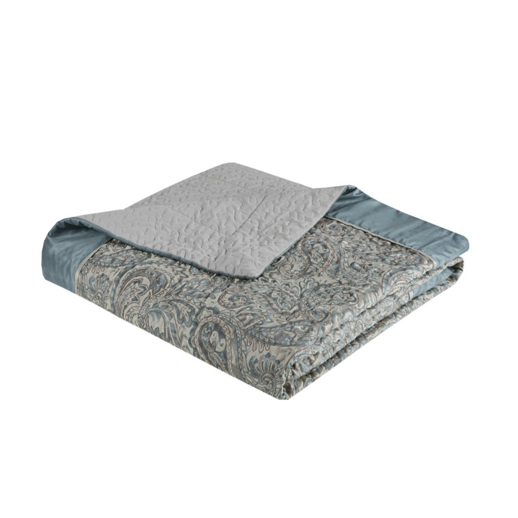 Teal King Reversible Jacquard Bedspread Set with Throw Pillows
