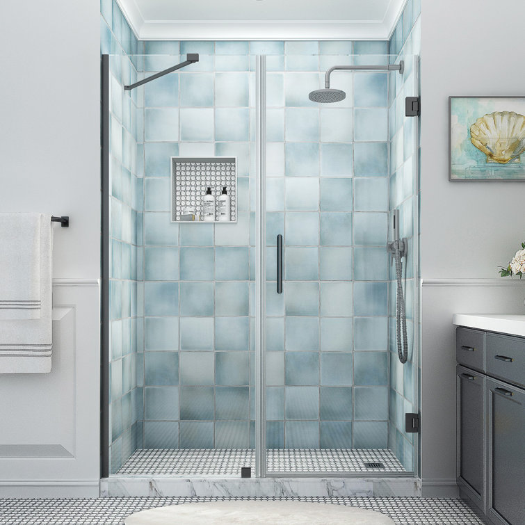 Belmore XL Matte Black Frameless Hinged Shower Door with Clear Glass