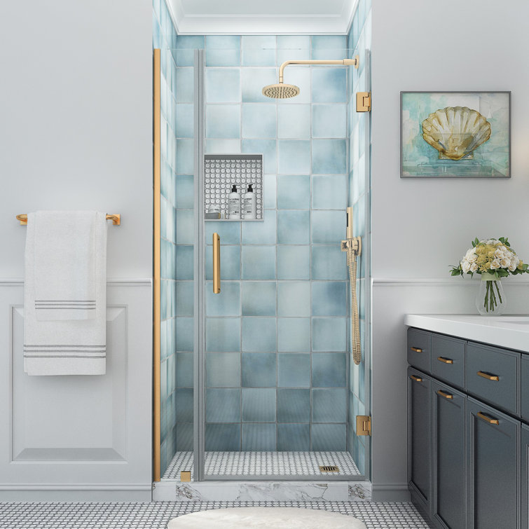 Belmore XL Frameless Hinged Shower Door with Clear Glass and Brushed Gold Finish
