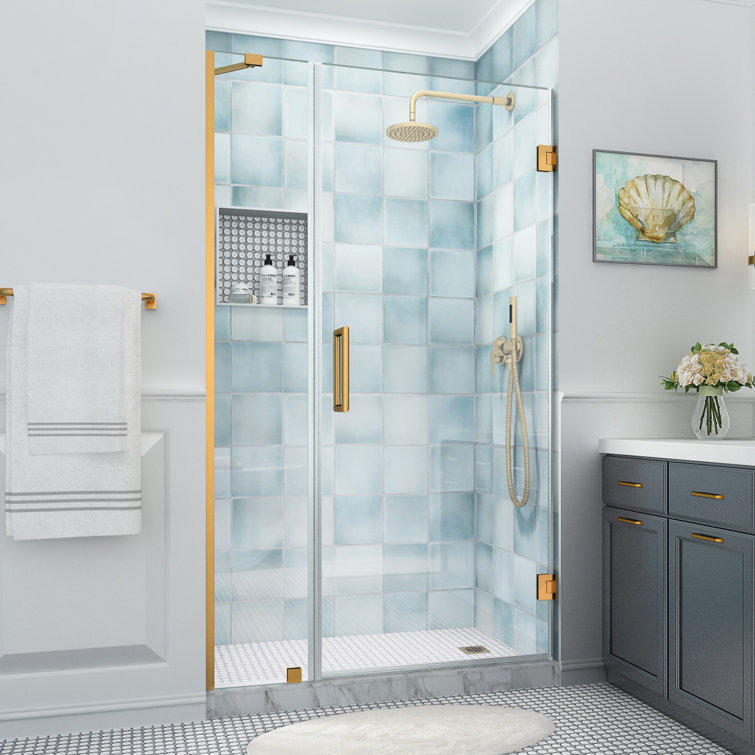 Belmore XL Frameless Hinged Shower Door with Clear Glass and Brushed Gold Finish