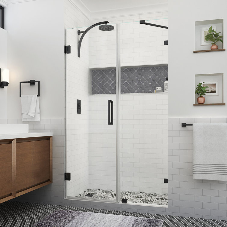 Matte Black Frameless Hinged Shower Door with Clear Glass, 80" Height
