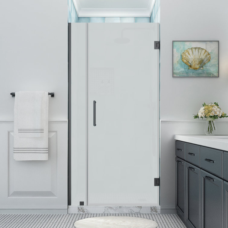 Belmore XL Matte Black Frameless Hinged Shower Door with Frosted Glass