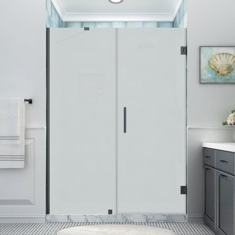 Belmore XL Matte Black Frameless Hinged Shower Door with Frosted Glass