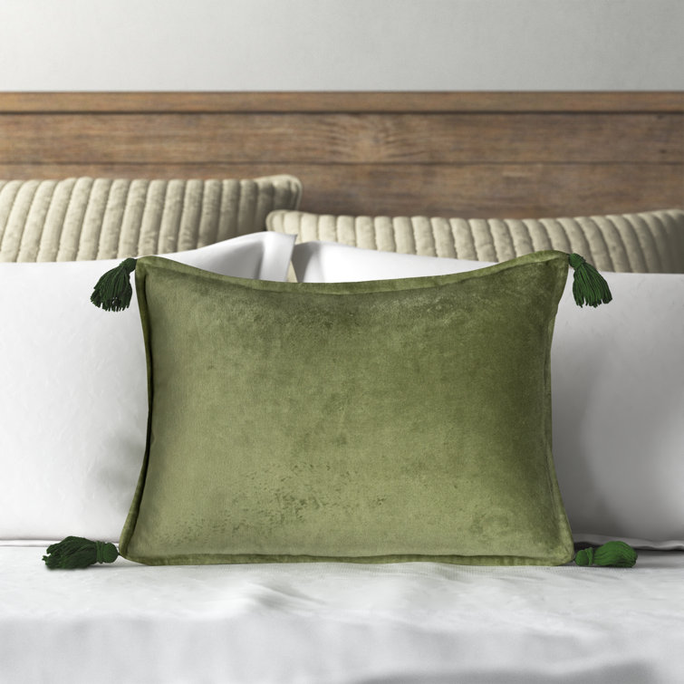 Grass Green Cotton Velvet Lumbar Pillow with Playful Tassels