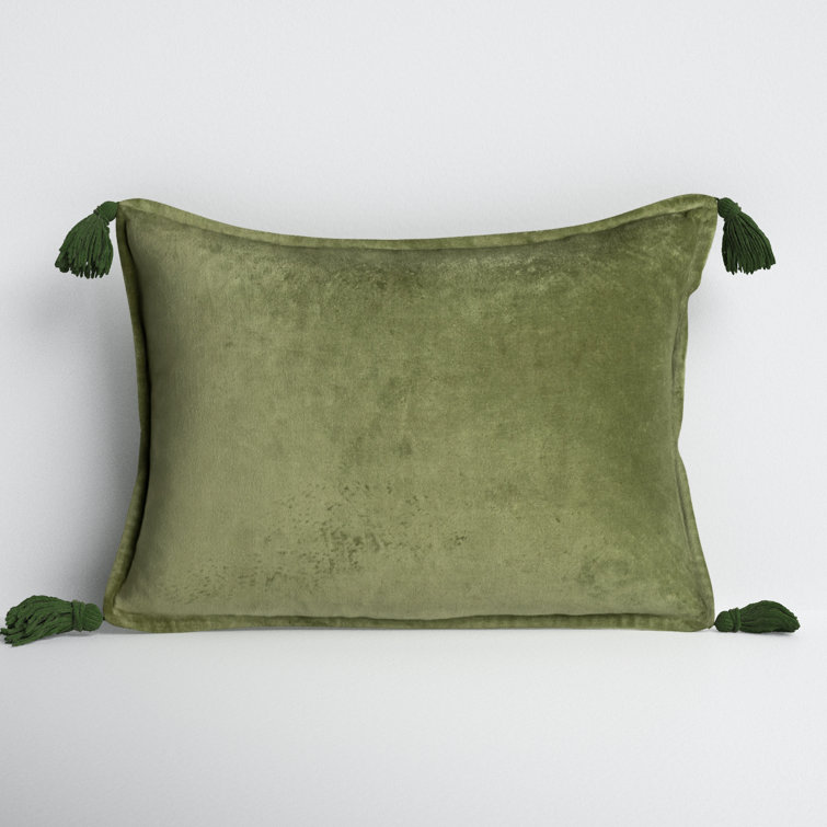 Grass Green Cotton Velvet Lumbar Pillow with Playful Tassels
