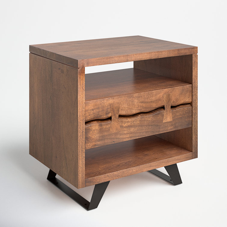 Acacia Wood and Steel 1-Drawer Nightstand with Open Shelves