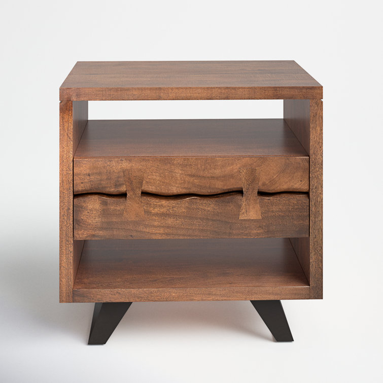Acacia Wood and Steel 1-Drawer Nightstand with Open Shelves