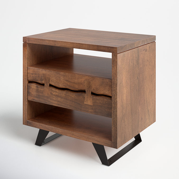 Acacia Wood and Steel 1-Drawer Nightstand with Open Shelves