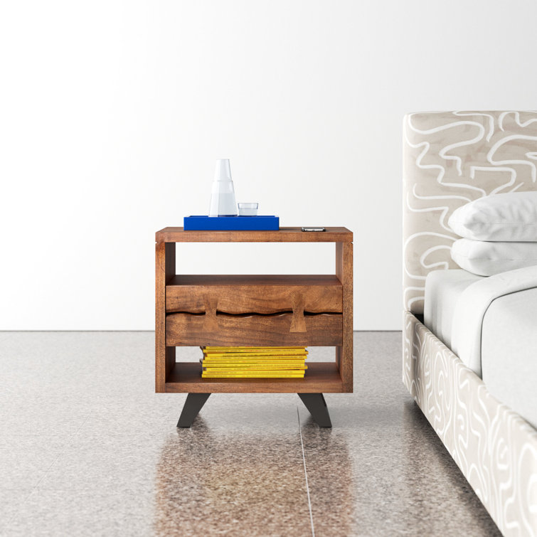 Acacia Wood and Steel 1-Drawer Nightstand with Open Shelves