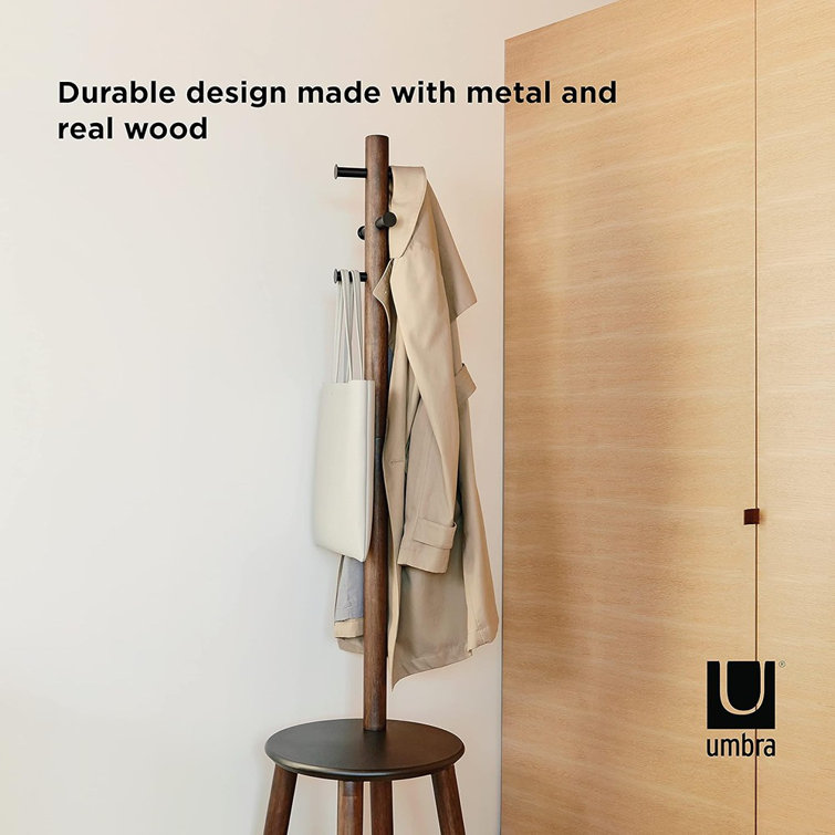Black and Walnut Multifunctional Coat Rack with Integrated Stool