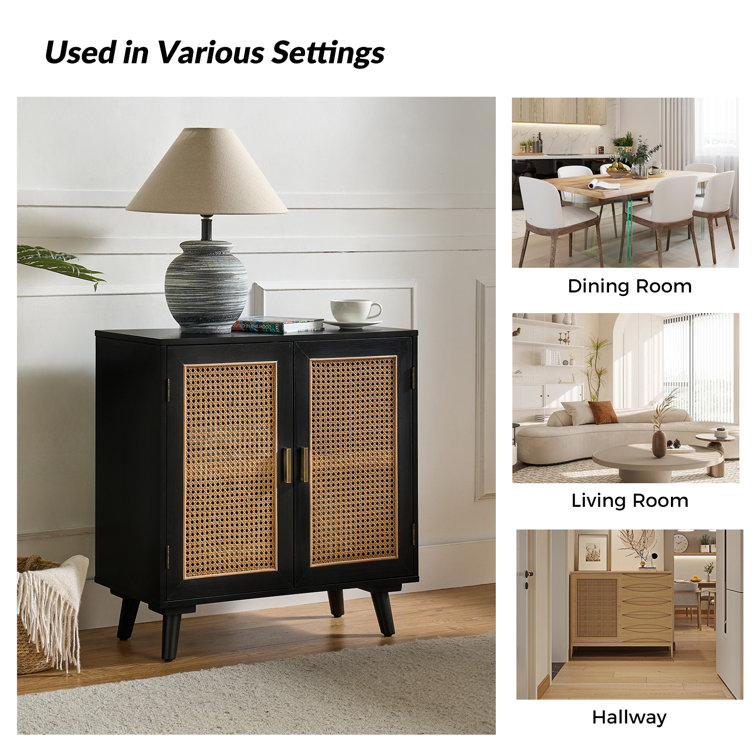 Black Freestanding Accent Cabinet with Rattan Doors and Solid Wood Legs