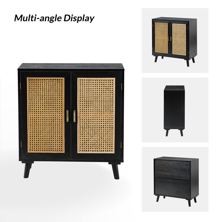 Black Freestanding Accent Cabinet with Rattan Doors and Solid Wood Legs