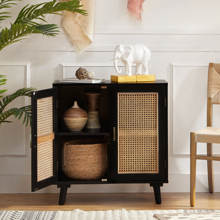 Black Freestanding Accent Cabinet with Rattan Doors and Solid Wood Legs