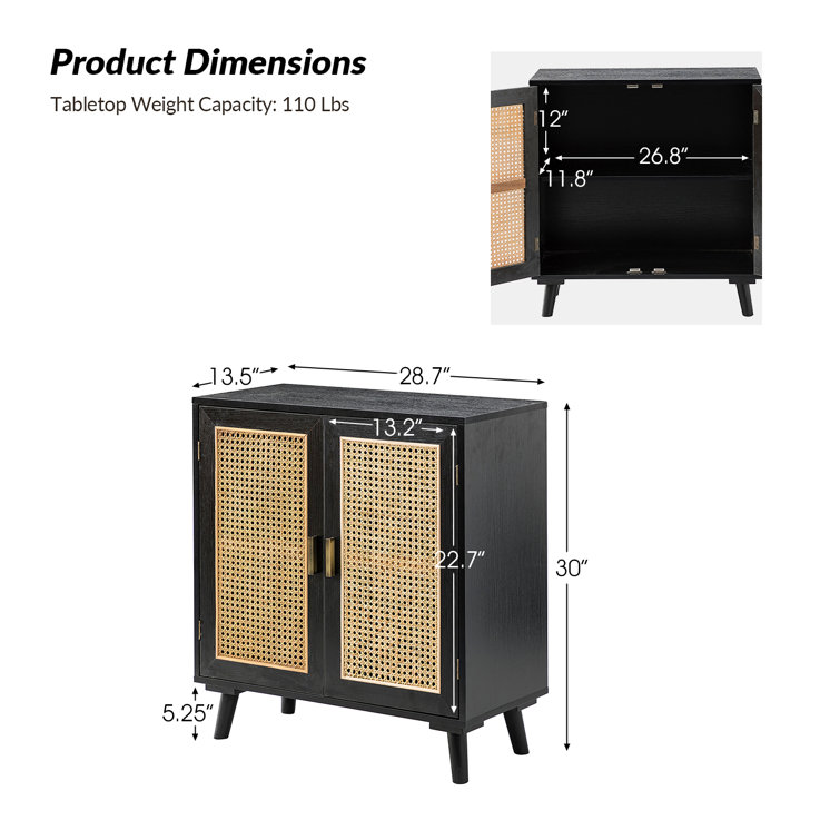 Black Freestanding Accent Cabinet with Rattan Doors and Solid Wood Legs