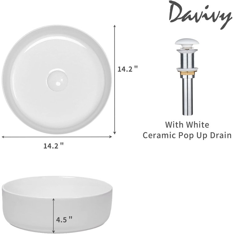 14'' Round White Ceramic Above-Counter Vessel Sink with Pop-Up Drain