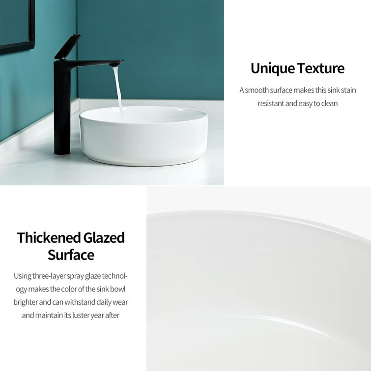 14'' Round White Ceramic Above-Counter Vessel Sink with Pop-Up Drain