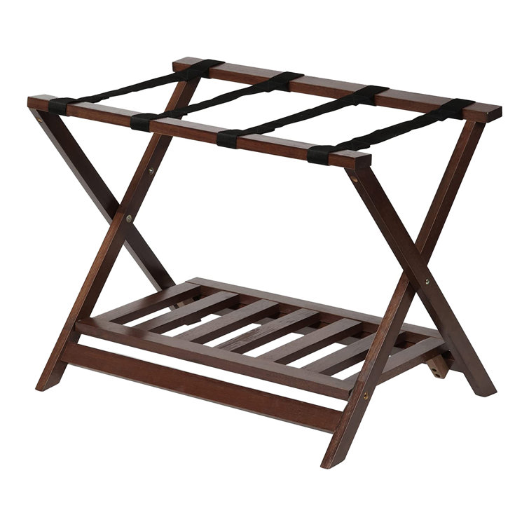 Walnut Folding Wooden Luggage Rack with Bottom Shelf, 2-Pack