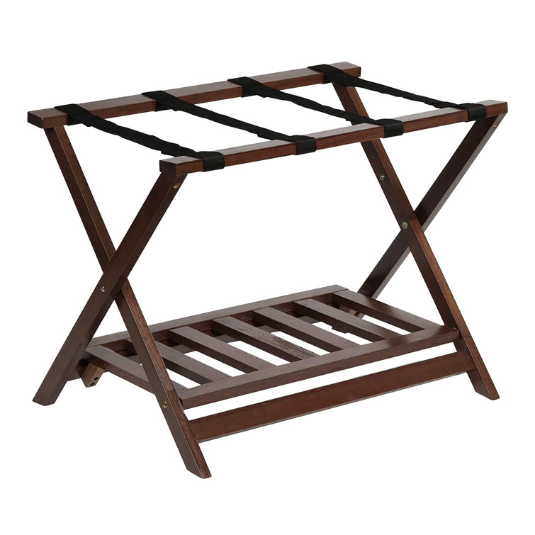 Walnut Folding Wooden Luggage Rack with Bottom Shelf, 2-Pack