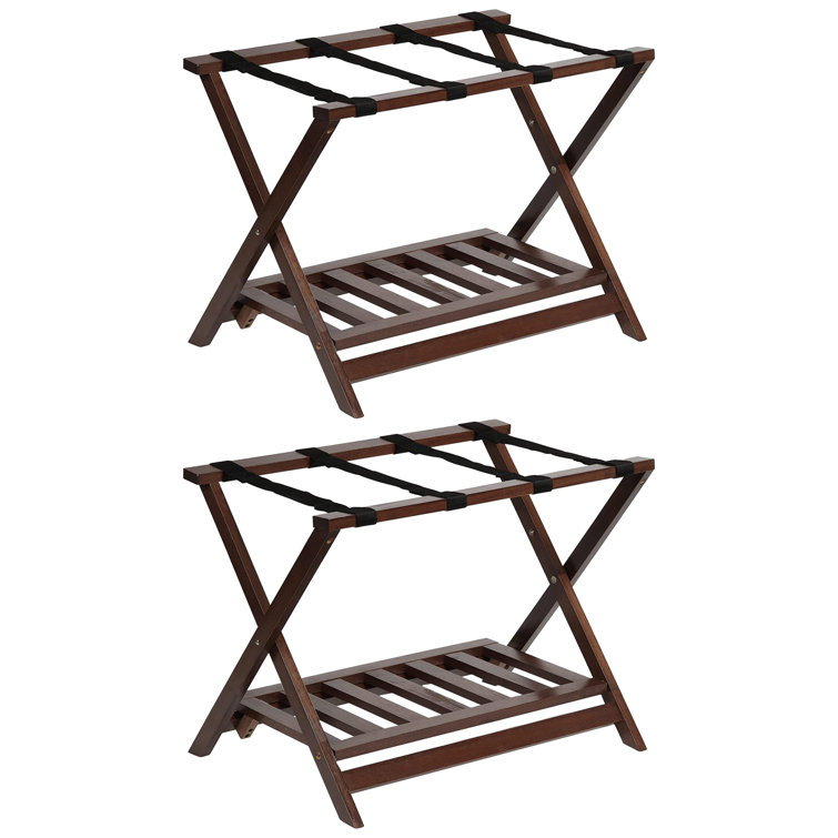 Walnut Folding Wooden Luggage Rack with Bottom Shelf, 2-Pack